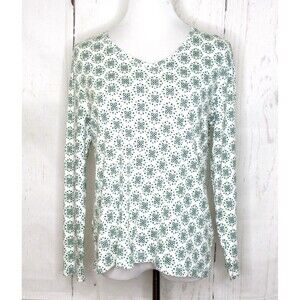 Croft & Barrow Classic Tee Top Long Sleeve V-Neck Green White Floral Size L